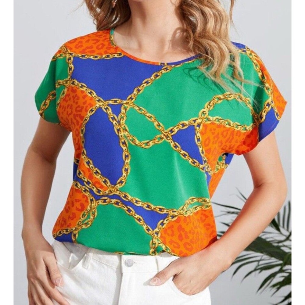 SHEIN Leopard Chain Print Blouse L | Color Block Satin Top Elegant